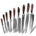 Kitchen knife set with Damascus-pattern stainless steel blades and colour steel handle.
