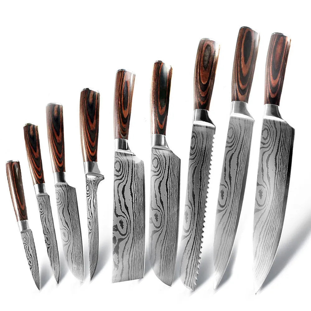 Kitchen knife set with Damascus-pattern stainless steel blades and colour steel handle.