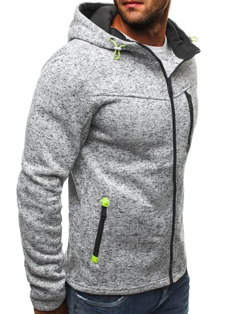 Men's grey zip-up hoodie with hood, O-neck collar, full sleeves, cotton polyester blend, casual sweatshirt