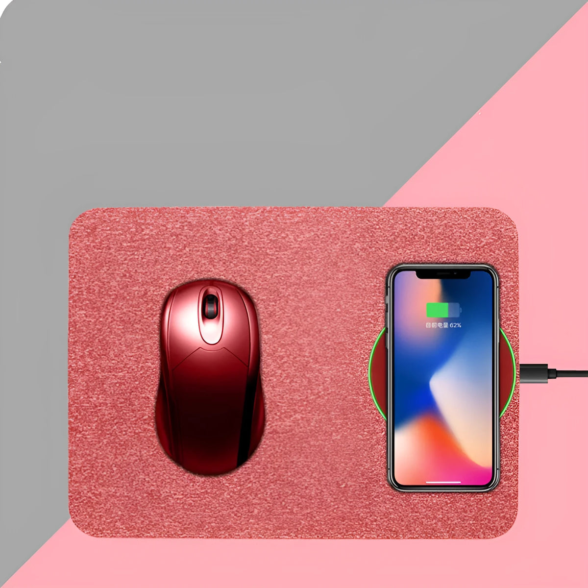 Wireless charging mouse pad in black with cloth surface and slim 0.65cm profile for desk use