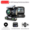 Panoramic four-lens car dash cam with a 2-inch screen on a plastic mount.