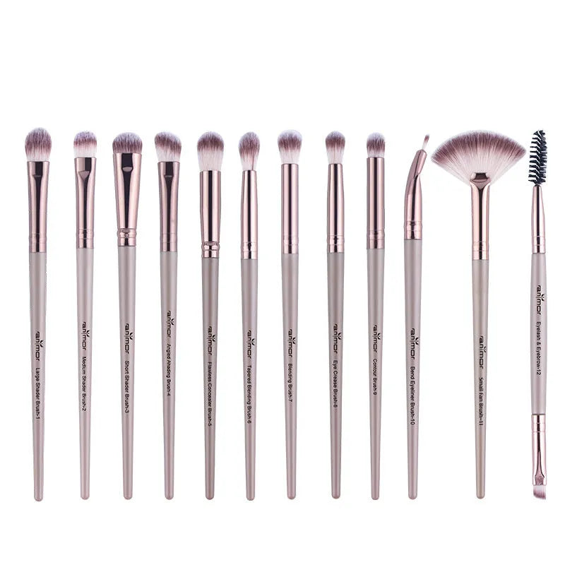 6-piece eyeshadow brush set with man-made fibre bristles in khaki finish, arranged on a flat surface.