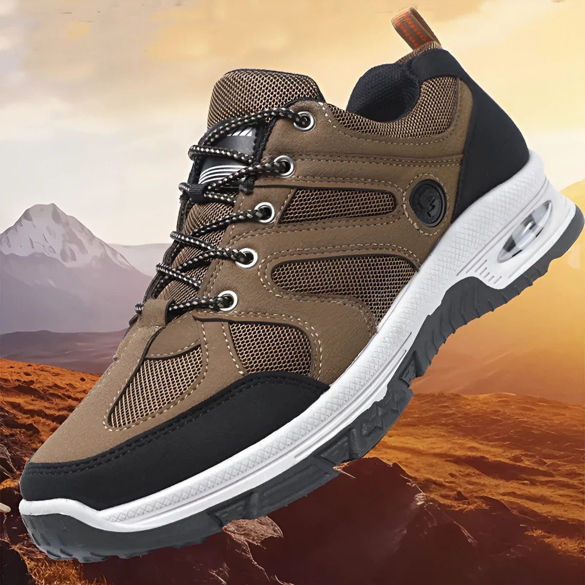 Men's breathable mesh trainers with EVA sole, colourblocking upper, round toe, elastic lace-up, in black camel or grey