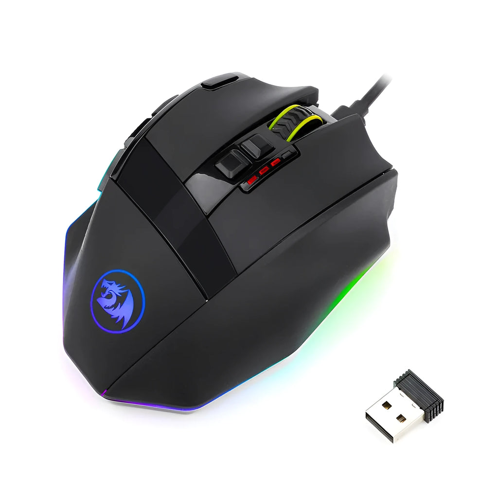 Redragon M801P black wireless gaming mouse with nine buttons and ergonomic design