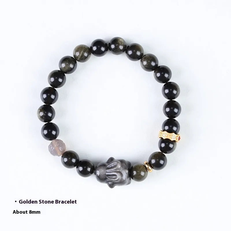 Handmade Chinese national style bracelet with lying rabbit charm and jin yaoshi beads in 8mm size