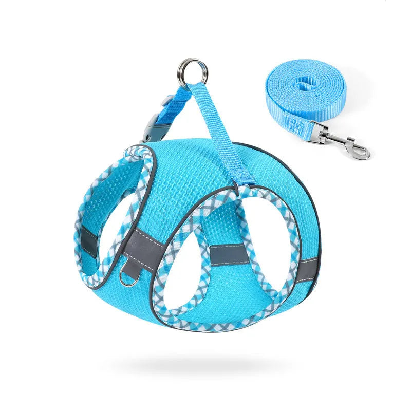 No-pull step-in dog harness with 1.2m leash, breathable mesh, reflective vest, quick-release buckle, sizes XXS to L