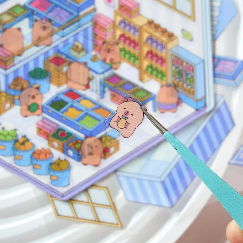 Capabala cartoon landscape 3D sticker sheet showing pre-cut self-adhesive shop scenes.