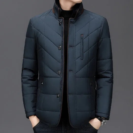 Men's solid colour winter coat with side seam pockets, shown in dark blue, wine red, and dark green.