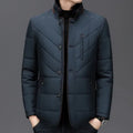 Men's solid colour winter coat with side seam pockets, shown in dark blue, wine red, and dark green.
