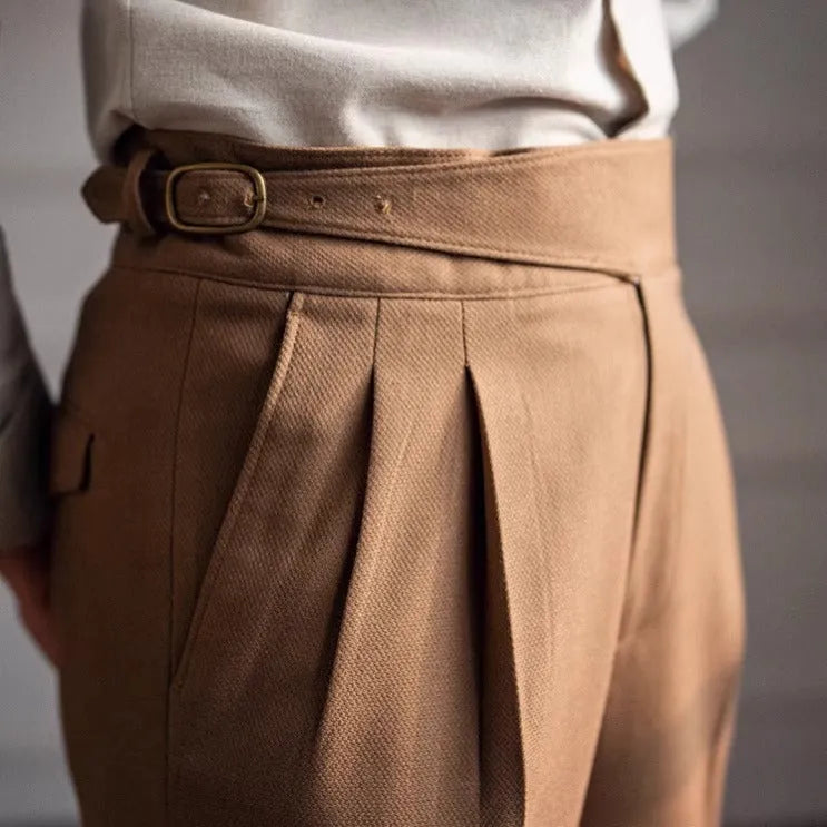 Men's high waist straight casual trousers in black polyester fabric.