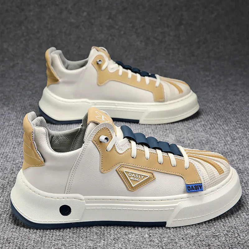 Men's beige low-top sneakers with elastic band fastening and round toe