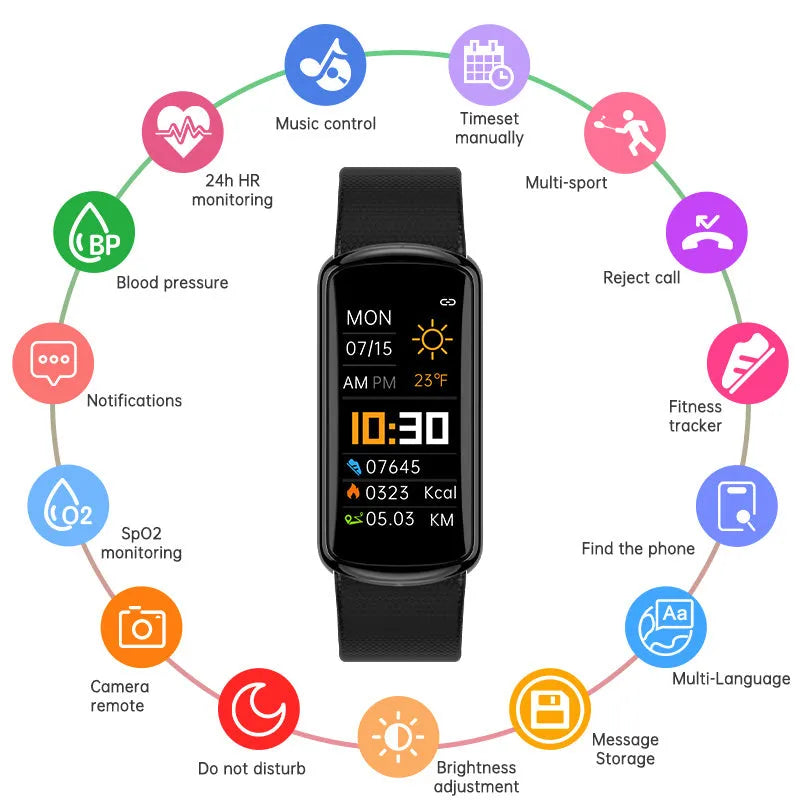 Black fashion sports electronic watch with 0.96 inch IPS colour screen, metal frame, and TPU strap