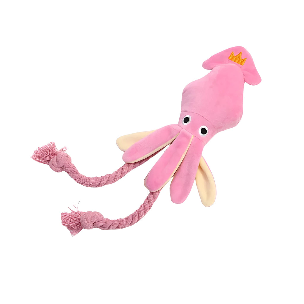 Pink plush squid pet toy with squeaker and rope tentacles