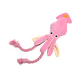 Pink plush squid pet toy with squeaker and rope tentacles
