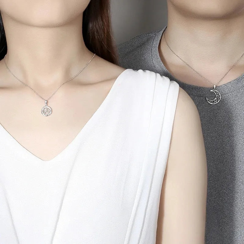 Sun Moon Tooth Couple Necklace with electroplated copper pendant and cross chain