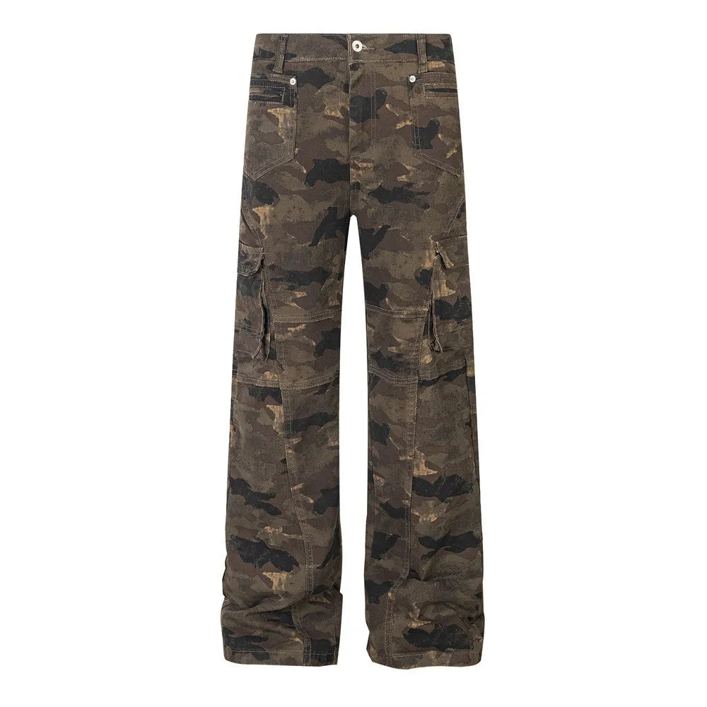 Men's camouflage denim trousers, mid waist, straight leg, cotton main fabric, sizes S to XL