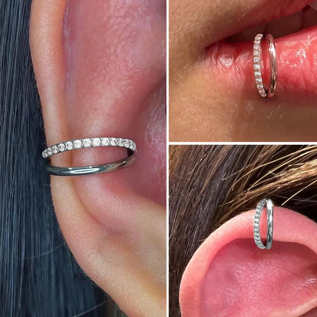 Titanium alloy nose ring stud shown in silver, gold, black and rose gold finishes with and without diamonds.