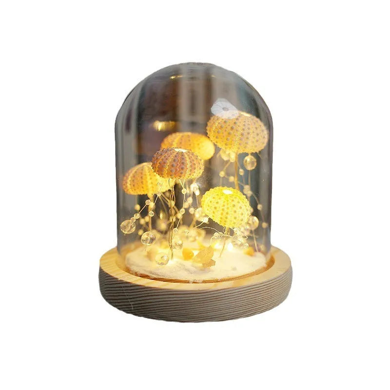 Handmade sea urchin shell jellyfish lamp with cylindrical glass cover and built-in battery, small night lamp