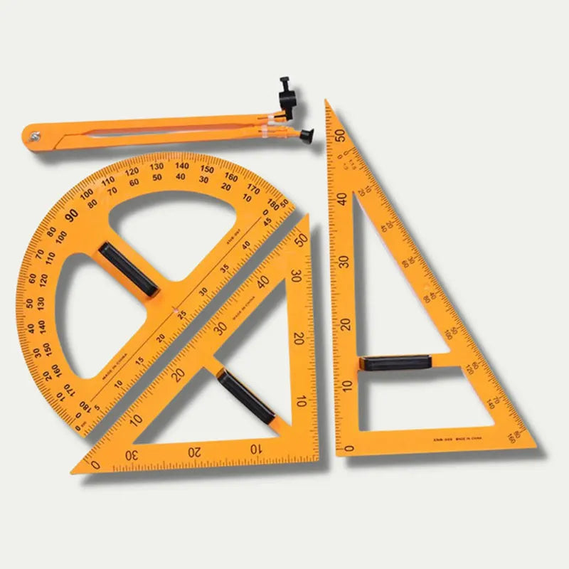 Orange and black plastic mathematics teaching tools set with triangle rulers, protractor and chalk compass
