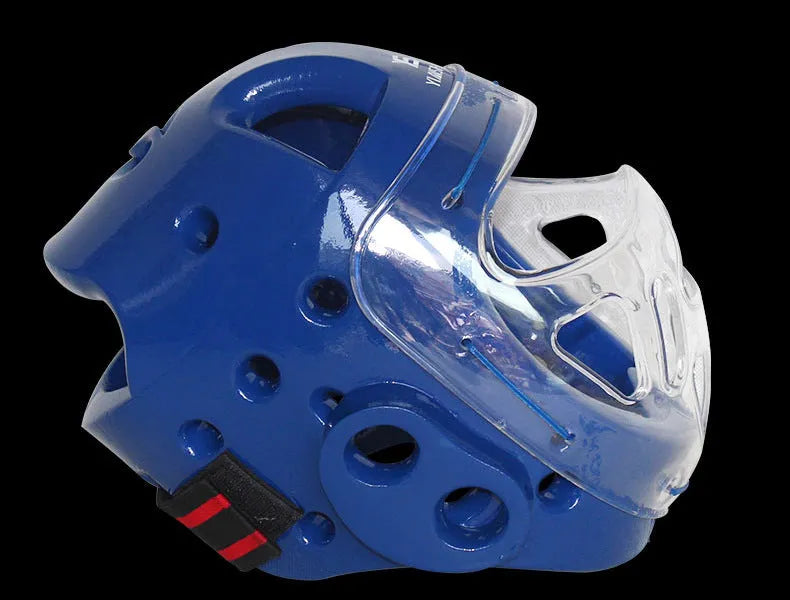 Karate training helmet for boxing head protection shown in blue, red, and white colours