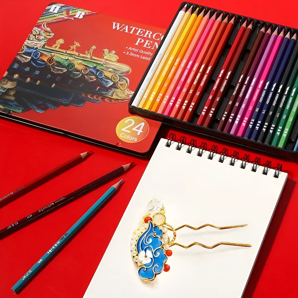 Water-soluble coloured pencil set with 24 colours in iron box, wooden pencils for dry and wet media artwork
