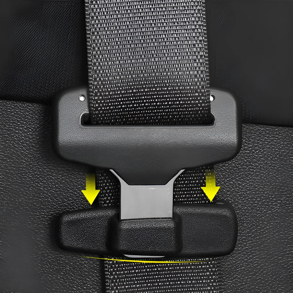 Two black ABS plastic car safety belt stopper clips for universal seatbelt tension adjustment