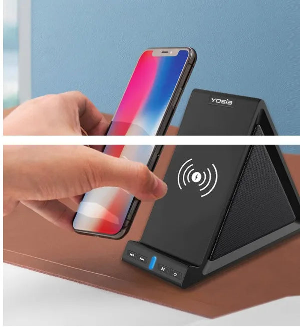 Black Bluetooth speaker with integrated phone stand featuring wireless charging and 2000mAh power bank