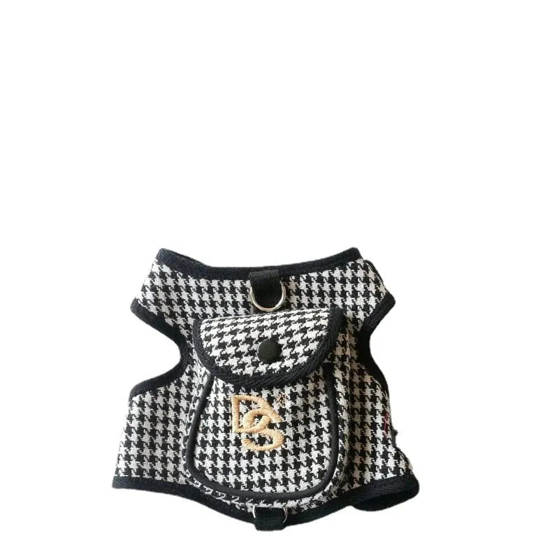 Black houndstooth cotton dog vest with strap and lead, sizes S to XL