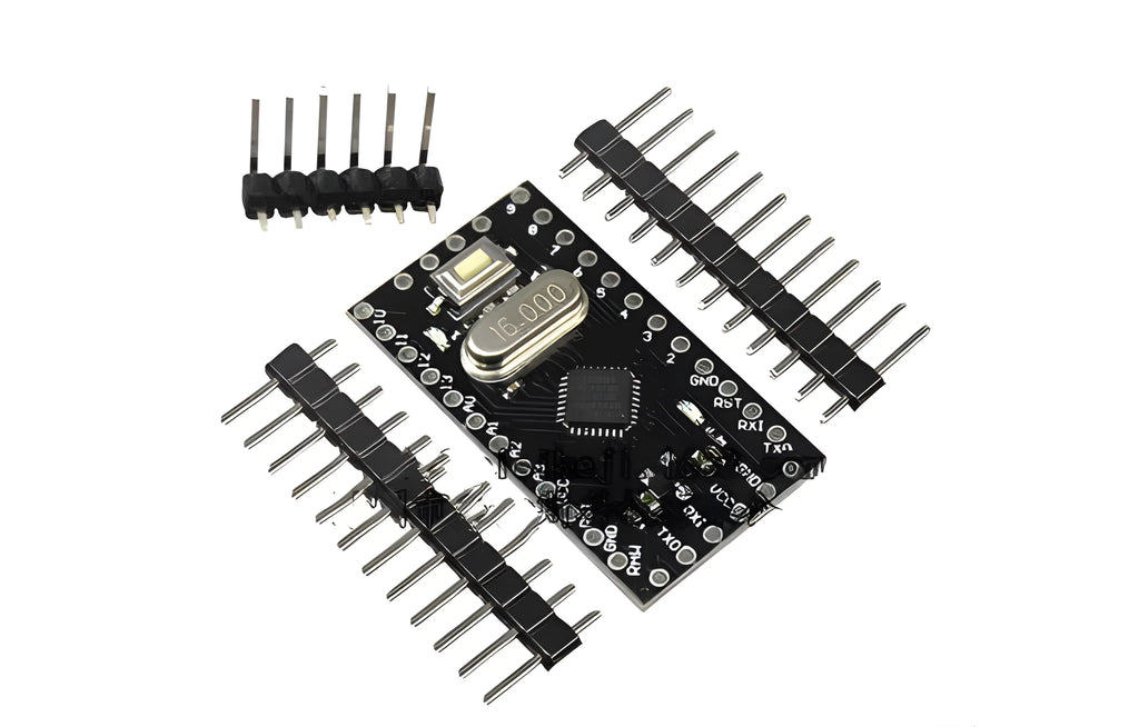 Mini Pro microcontroller circuit board with Atmega328P chip, pin headers, and 33.3mm size