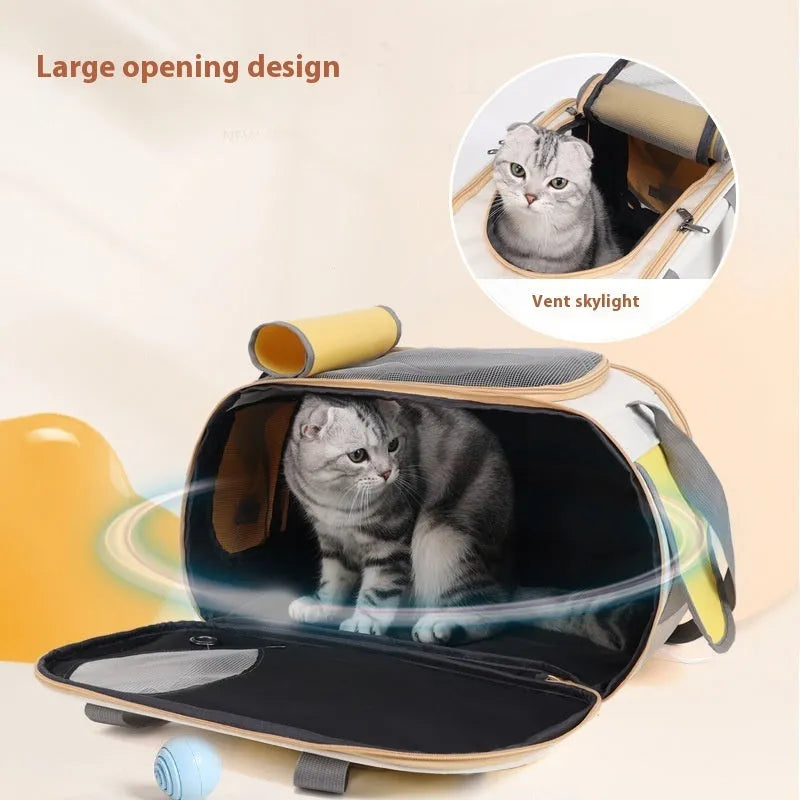 Foldable canvas pet carrier backpack for cats and small dogs in yellow, green, or black colours
