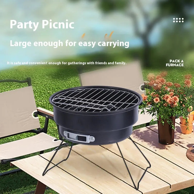 Small round folding ice stove with removable barbecue grill mesh and foldable furnace legs