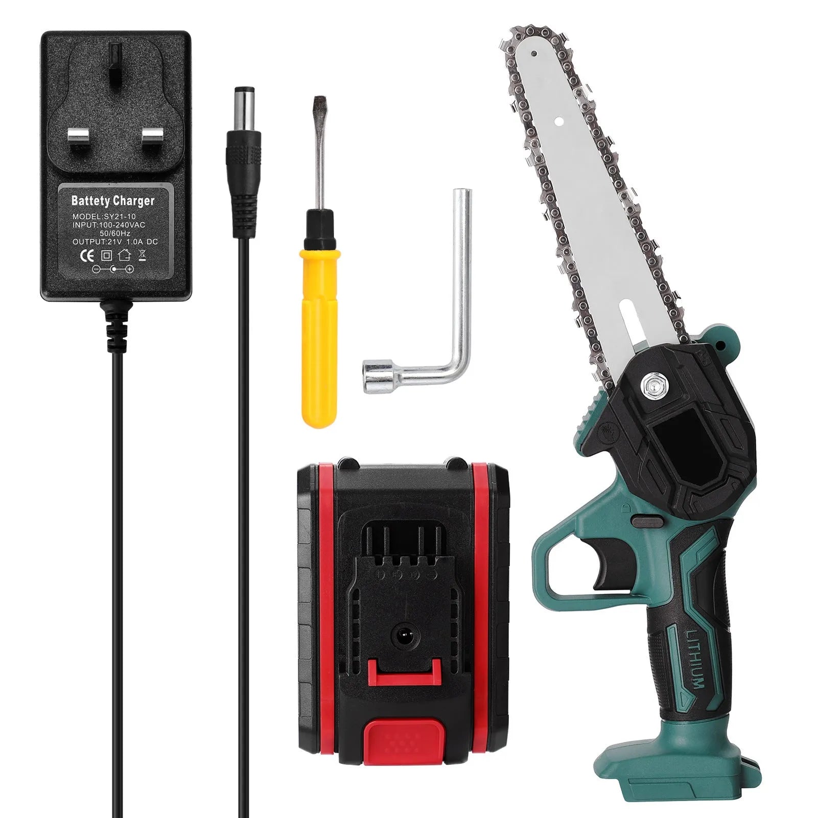Small black electric chainsaw with 4 inch guide held in one hand for portable wood cutting