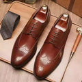 Men's British pointed toe brogue formal shoes with carved patterns in burgundy colour