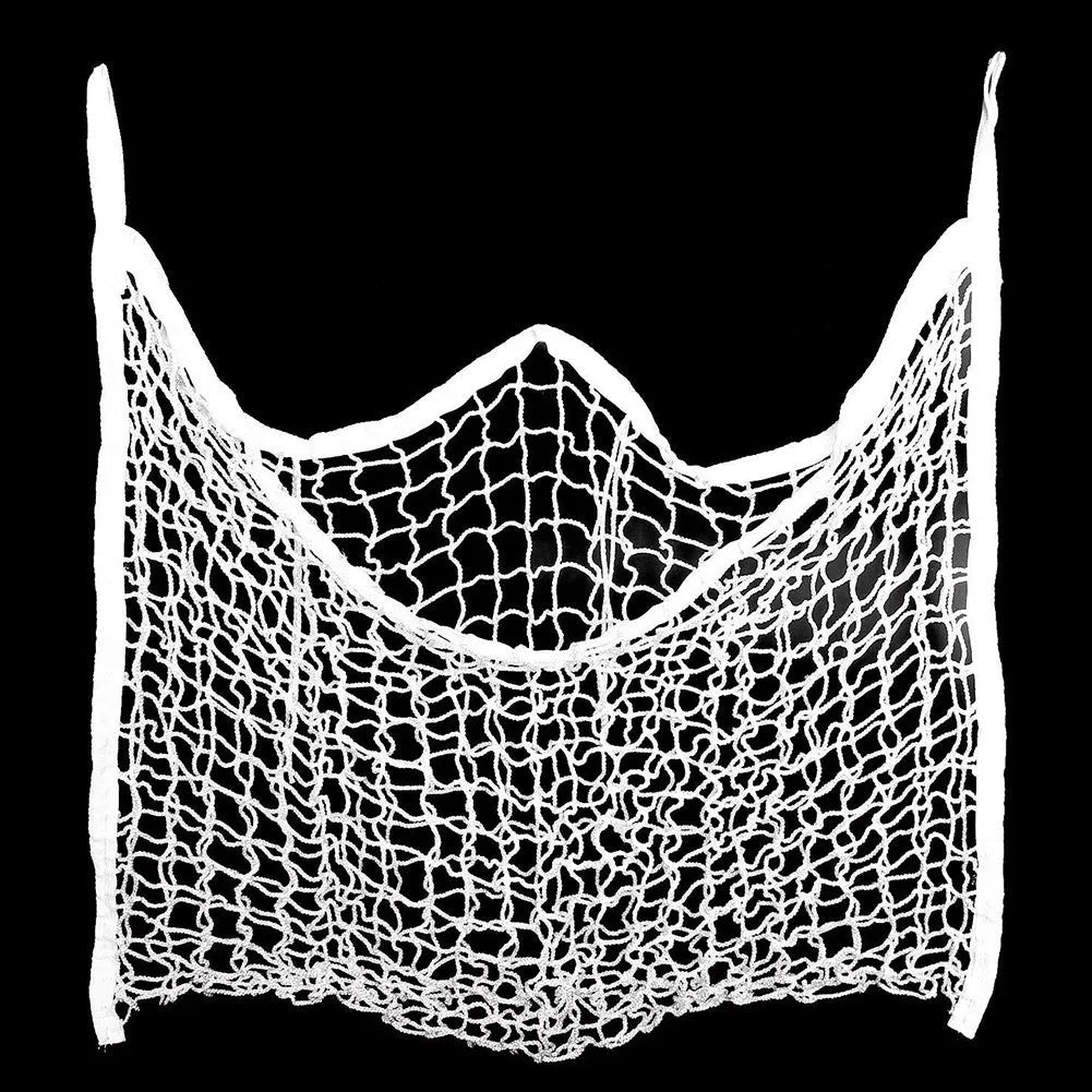 Woven grid horse feeding bag hanging with hay, shown in black colour