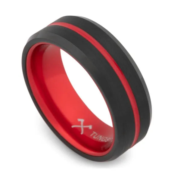 Fire stripe tungsten carbide ring with red and black inlay, sizes 5-17 including half sizes.