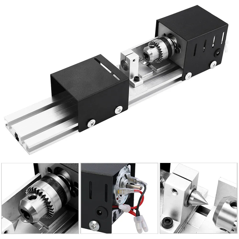 Silver metal mini woodworking lathe with carving knives on workbench