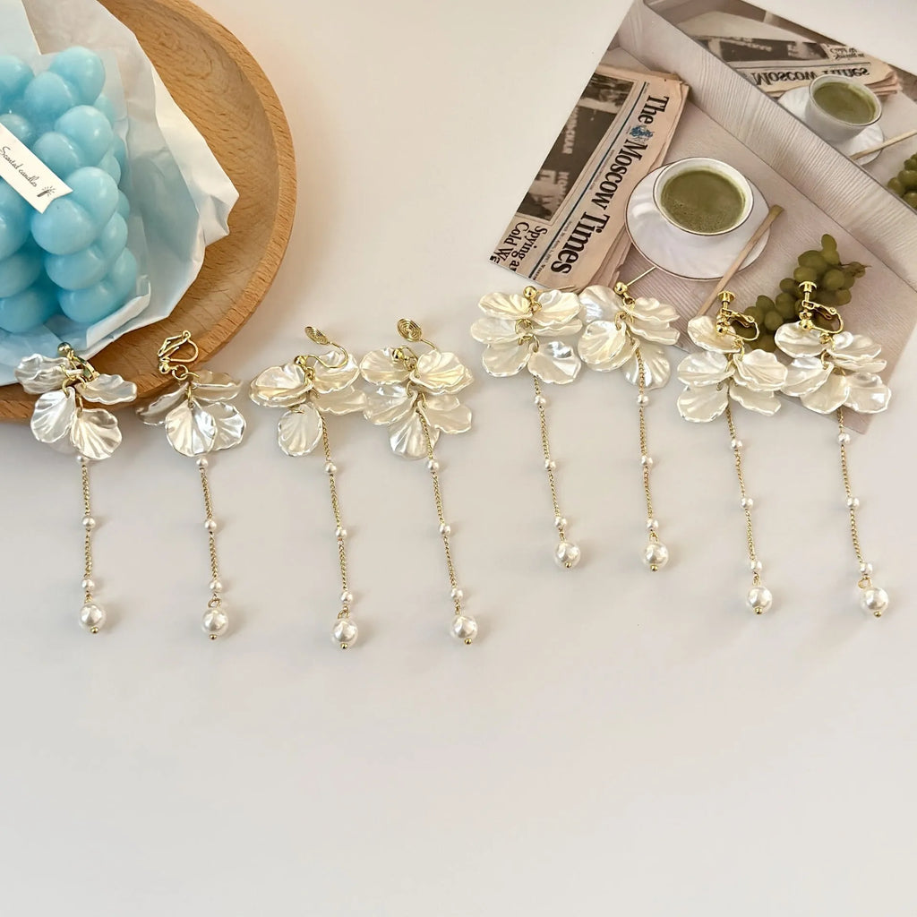 Women's acrylic pearl drop chain tassel earrings with multiple clip options