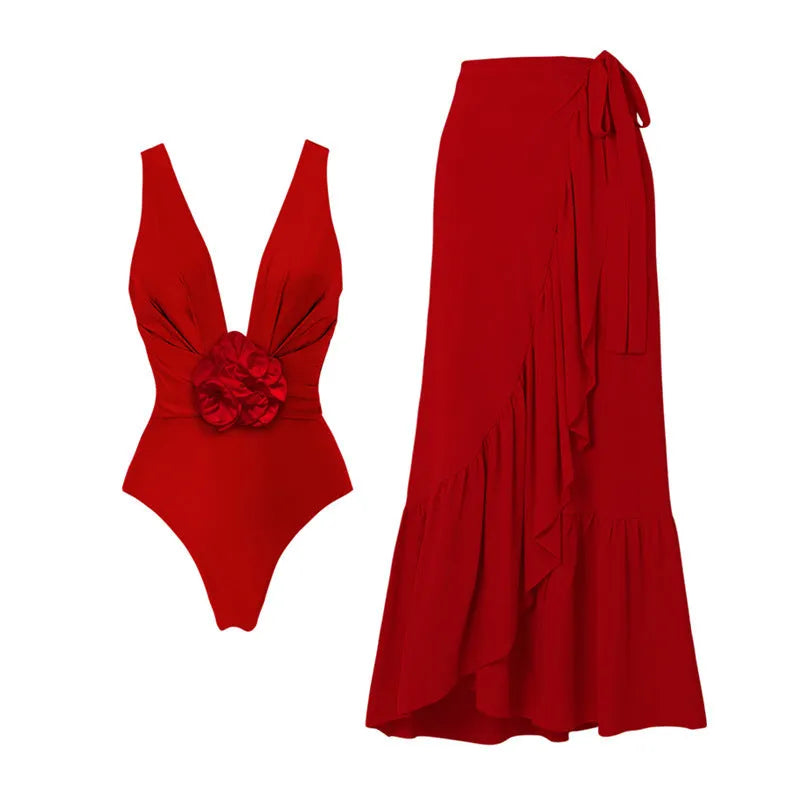 Red women's V-neck one-piece swimsuit with an open back and a separate detachable skirt.