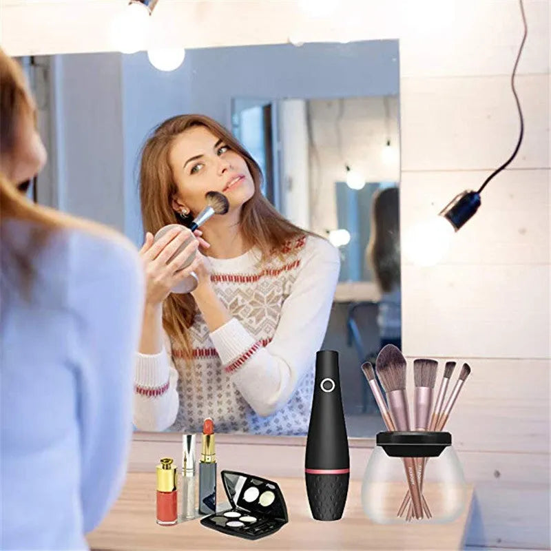 Black electric makeup brush cleaner with ABS body and charging power source.