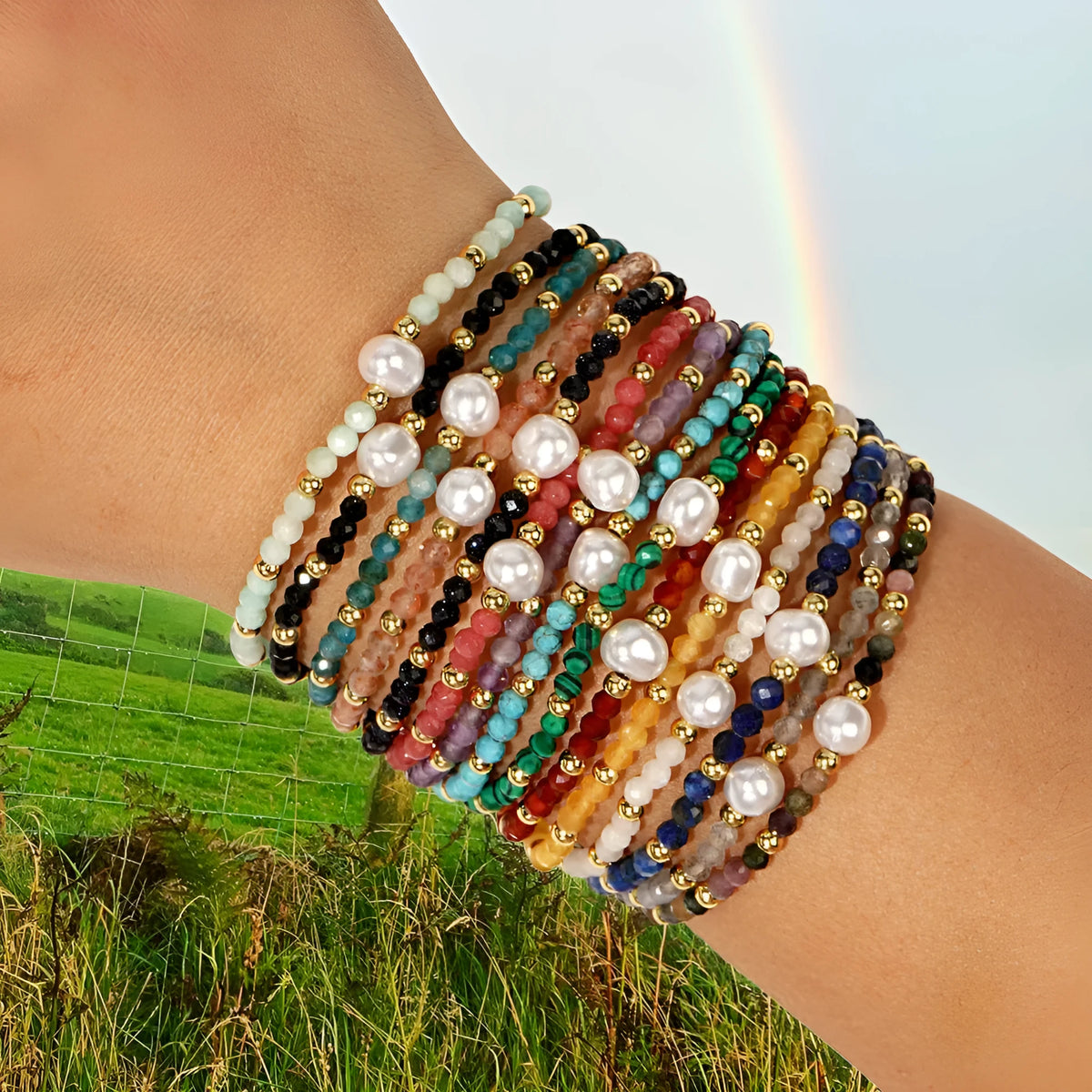 A natural stone bracelet with a geometric ellipse shape on a wrist.