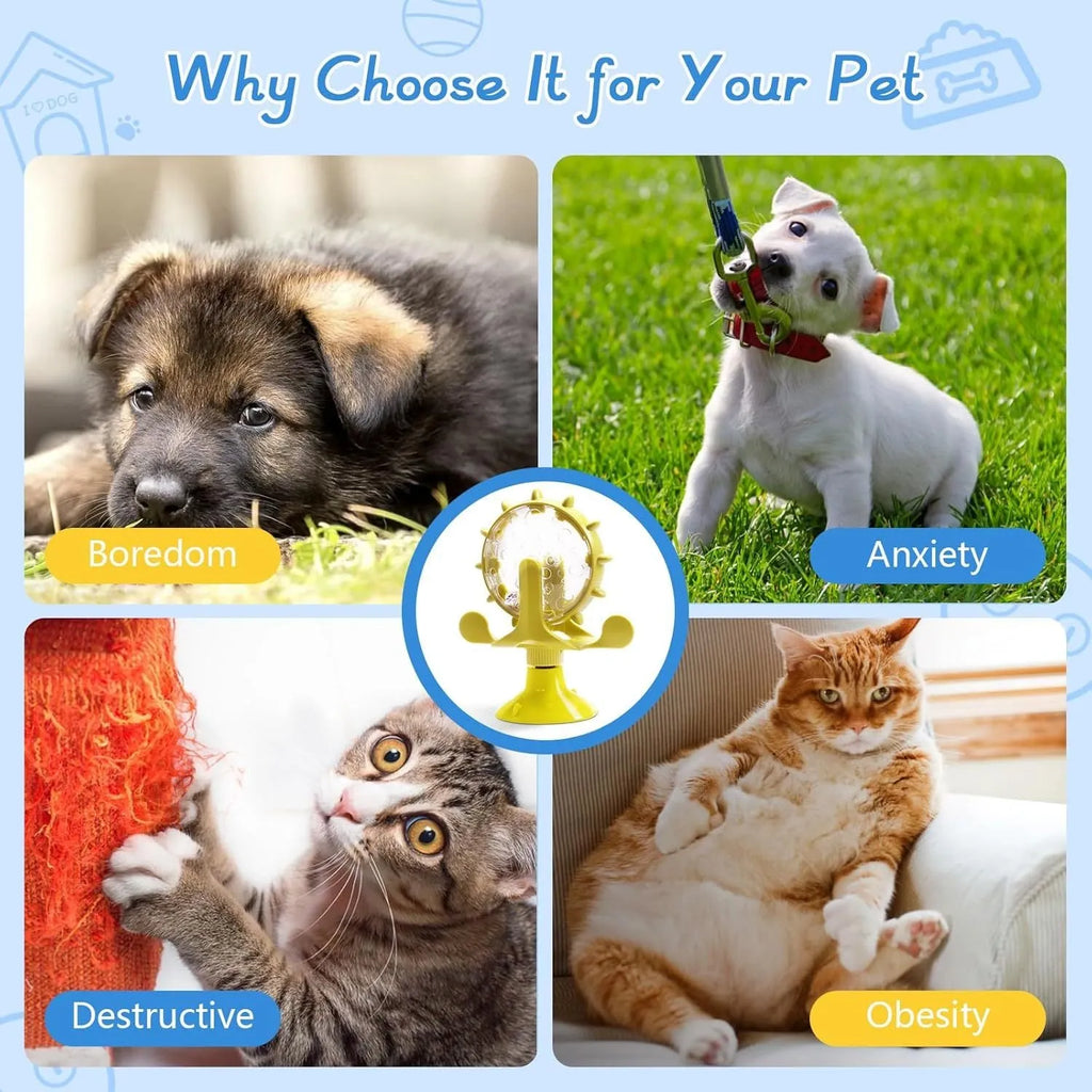 Blue interactive pet puzzle feeder toy with spinner and strong suction cup base.