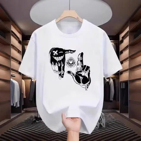 Men's grey mesh t-shirt with blue cartoon digital print, short sleeves and round neck