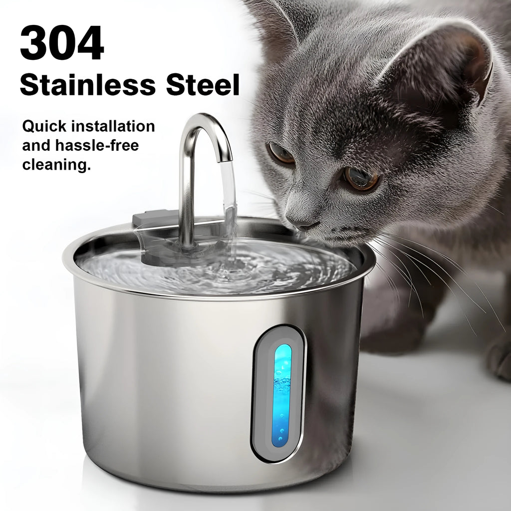 Stainless steel automatic cat water dispenser with 2.2-litre capacity on a floor