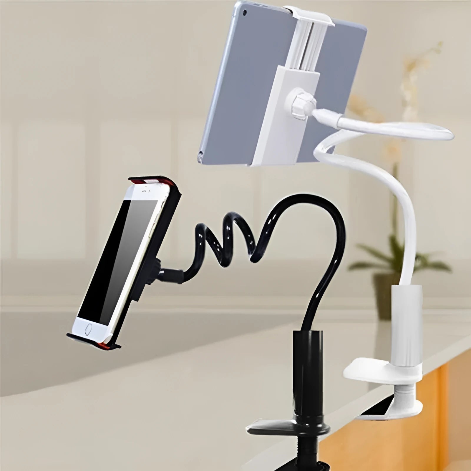 Black flexible mount holder with suction base holding tablet at adjustable angle