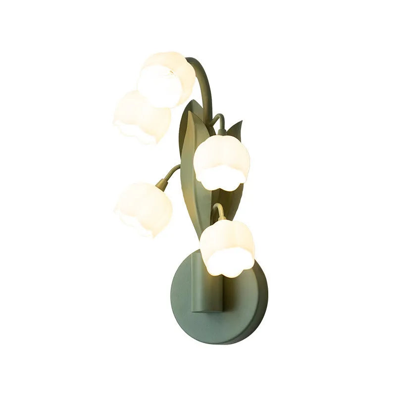 Green-tricolour French pastoral style wall lamp with a white minimalist PC shade mounted on a bedroom wall.