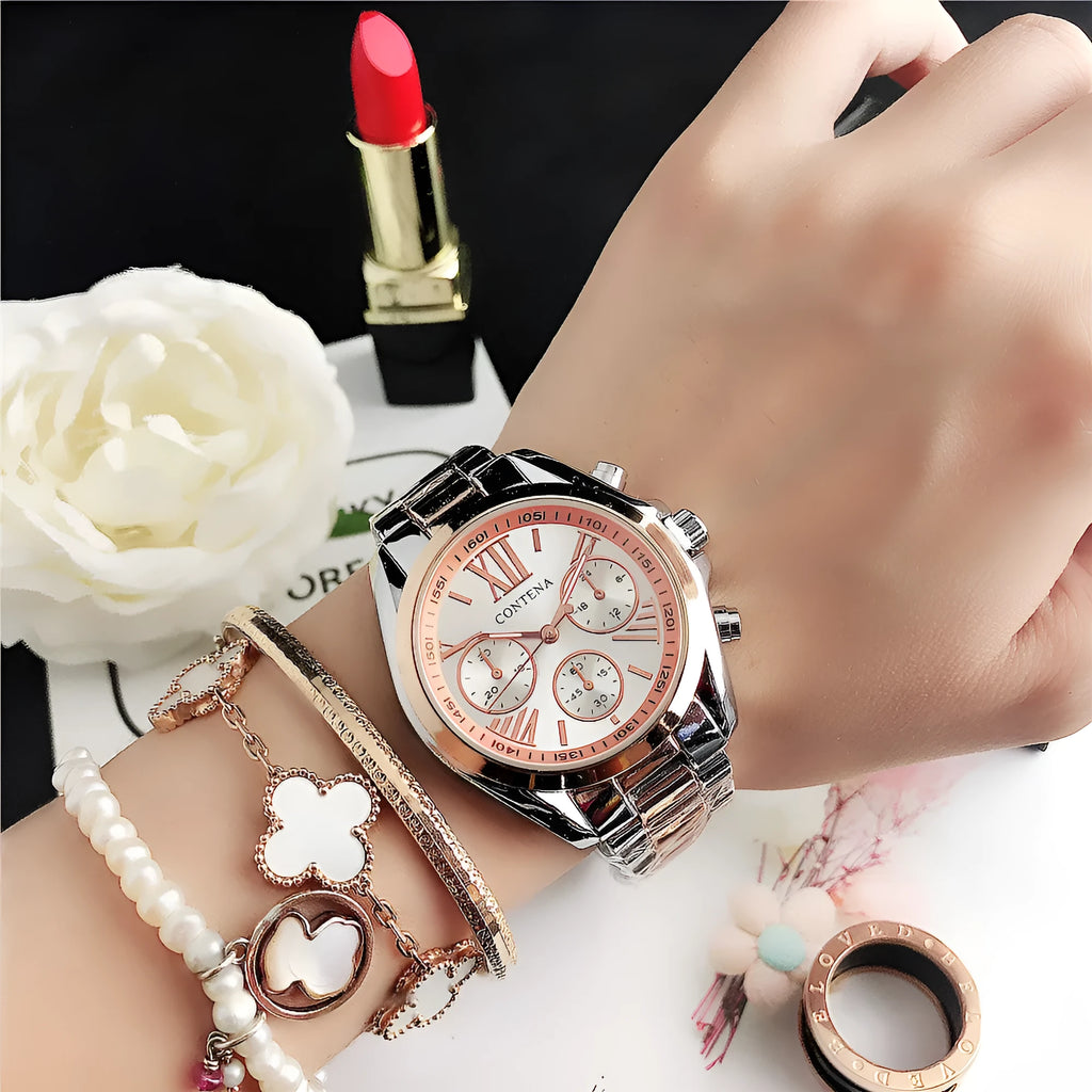 Women's quartz watch with metal mesh strap and crystal-accented dial in rose gold