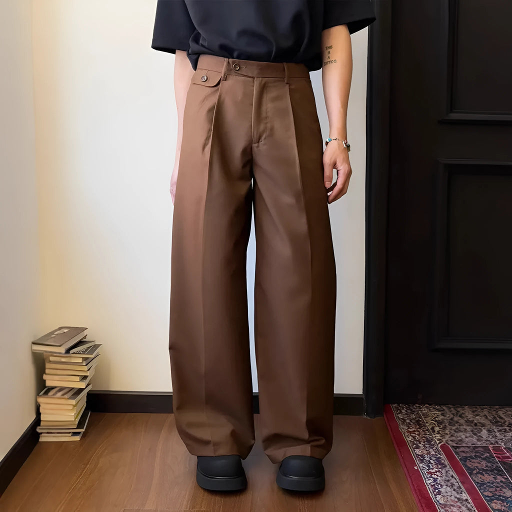 Men's brown straight-leg wide drape casual trousers laid flat