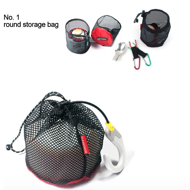 Set of five red outdoor travel storage bags with mesh panels and zipper closures
