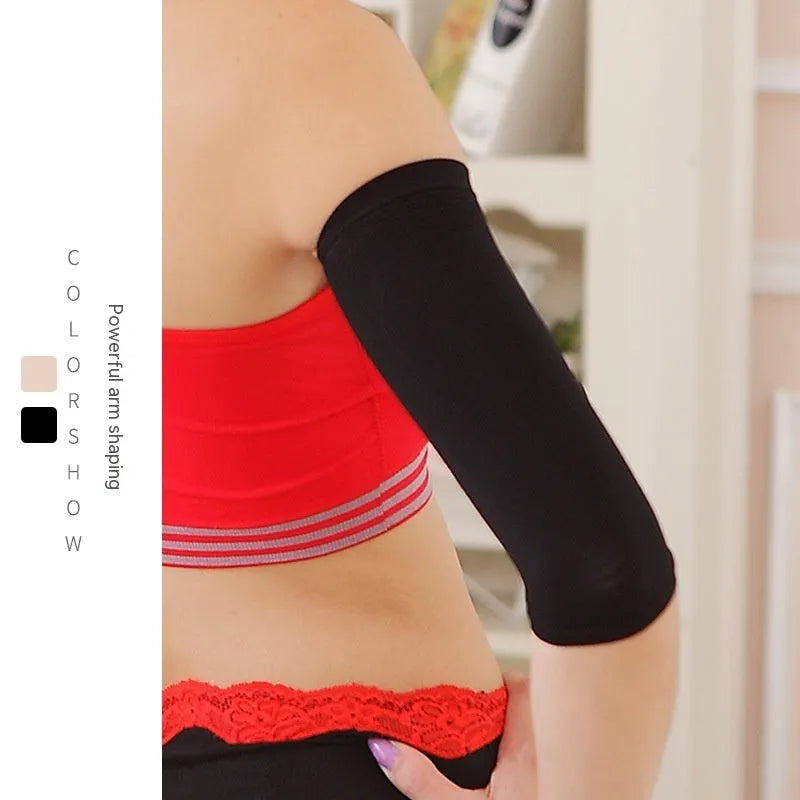 A pair of women's black shaping arm sleeves made from nylon fabric.