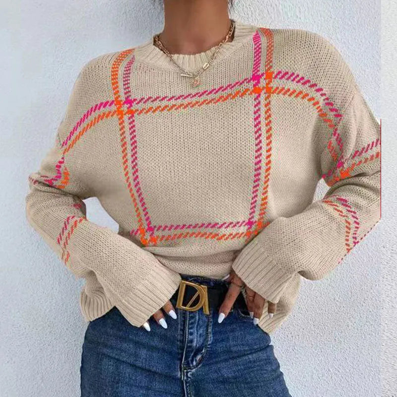 Women's loose-fit plaid colour-block crew neck pullover sweater in acrylic.